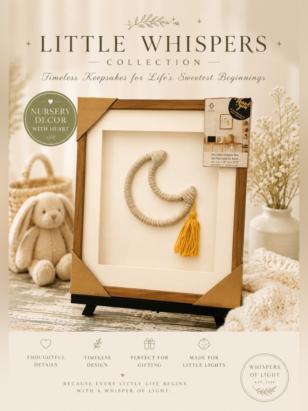 Little Whispers Collection Moon Macramé Shadow Box Nursery Wall Decor NWT